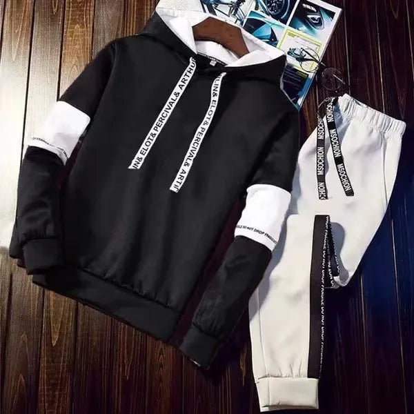 Autumn Unisex Korean Color Block Hooded Two Piece Tracksuit Letter Print Drawstring Hoodie Jogger Pants Loose Hip Hop Student Da