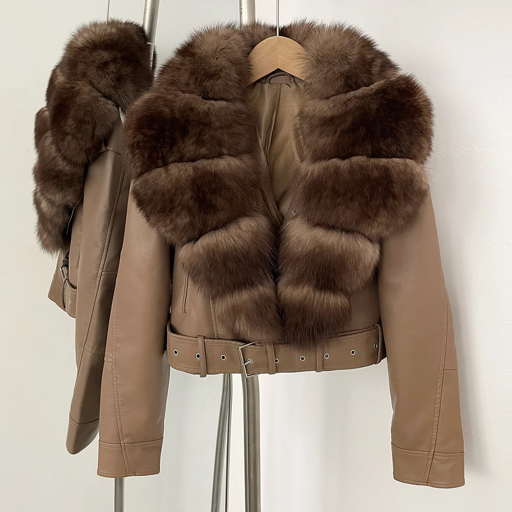 Elegant Faux Leather Jacket Female New Natural Fox Fur Autumn Short Top Clothing PU Women Long Sleeve Fake Leather Real Fur Coat
