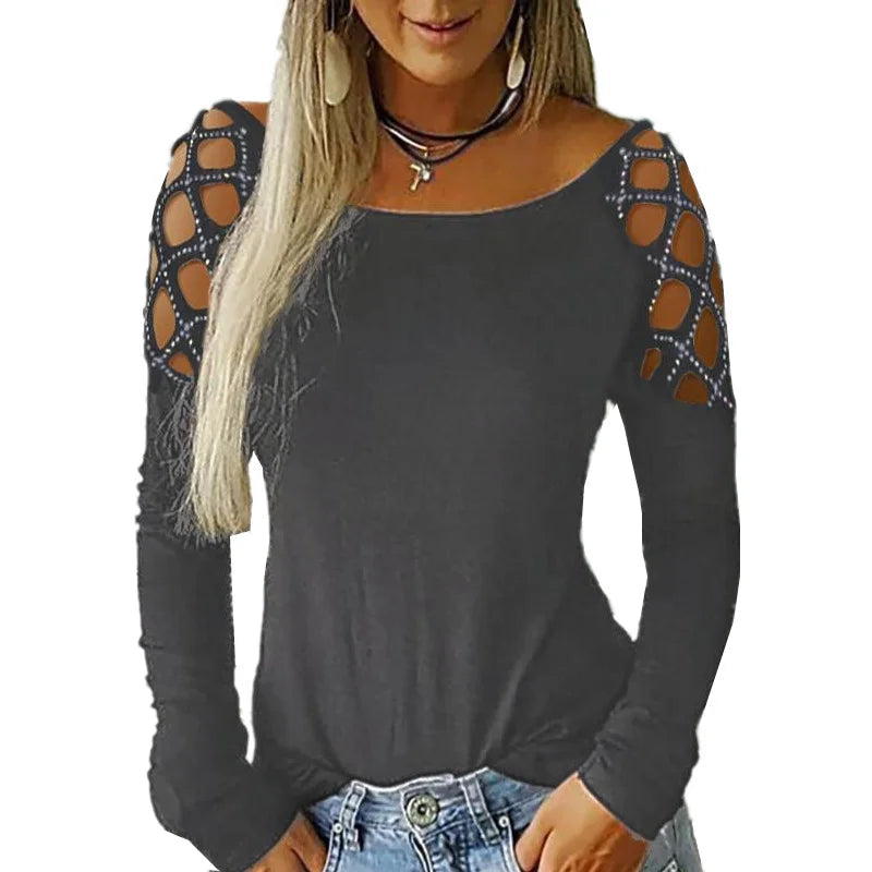 European and AmericanCross Border New Women's Round Neck Hot Diamond Hollow Long Sleeve Top T-shirt