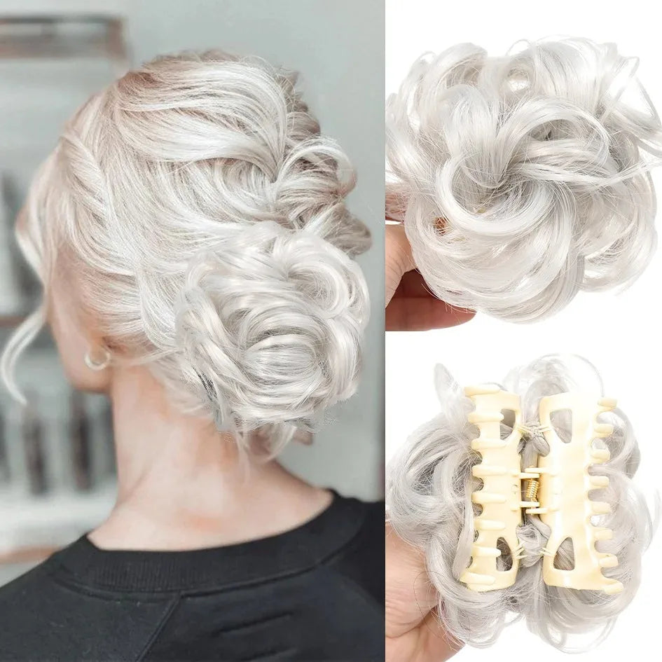 Synthetic messy hair clip bun short curly hair clip in a woman's ponytail hair extension bun wig