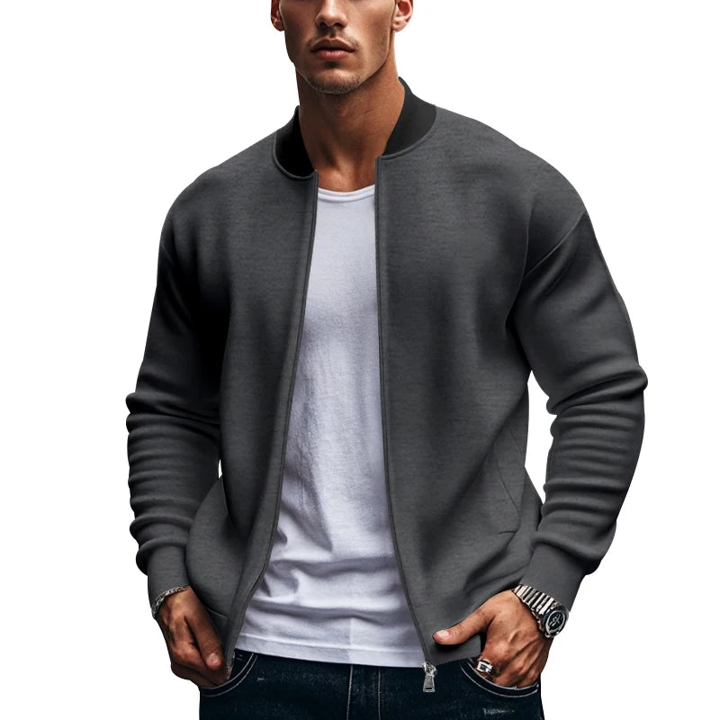 2024 New Spring And Autumn Men's Stand Collar Jacket Solid Color Leisure Sports Long Sleeve Zipper Coat Straight Tube Large Size