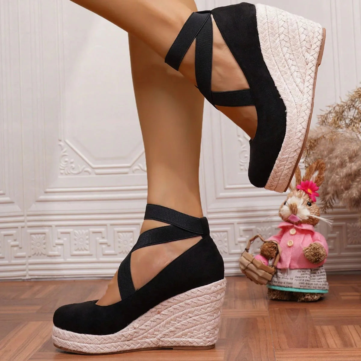 Women's Suede Espadrille Wedge Sandals Closed Toe Elastic Ankle Strap Platform Heels Casual Summer Wedge Shoes Beach Sandals