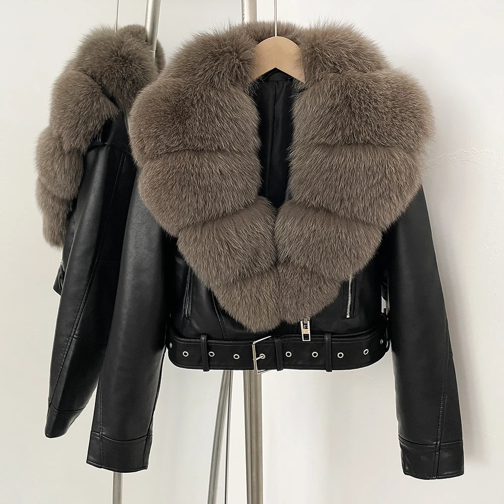 Elegant Faux Leather Jacket Female New Natural Fox Fur Autumn Short Top Clothing PU Women Long Sleeve Fake Leather Real Fur Coat