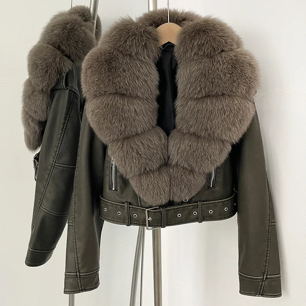 Faux PU Leather Jacket Natural Fox Fur Female New Autumn Short Top Clothing Women Long Sleeve Fake Leather Coat Real Fur Coat