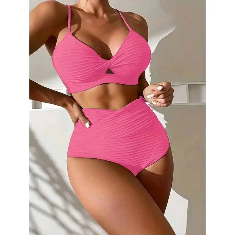 High-Waist Sexy Striped Bikini Swimsuit Women's Two-Piece Swimwear Thickened Polyester Fabric with Chest Pad No Steel Support
