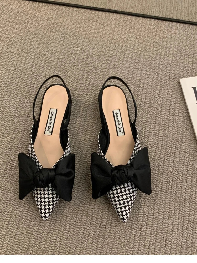 Bow Sandals Women 2026 Summer Pointed Low Heel Sandals Women Fashion Baotou Thin Strap Sandals High Heels Sandalias De Mujer