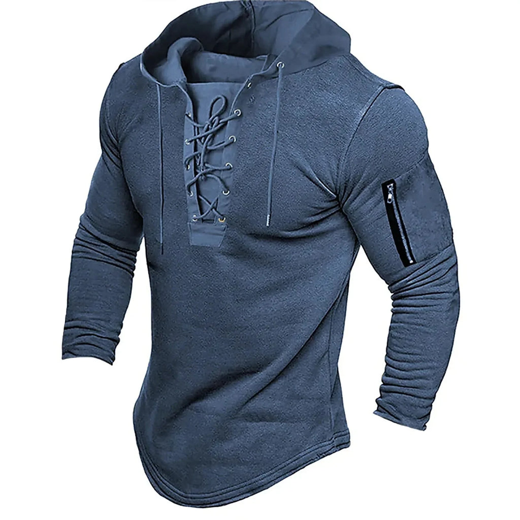 Men Pullover Hooded Sweatshirt Solid Color Lace Up Sports Casual Hoodies Spring Autumn Clothing American Retro Mens Sweatshirt