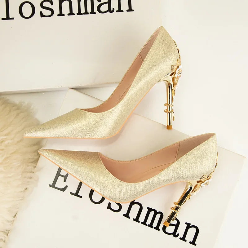 High End Metal Flower High Heels New European American Fashion Luxury Sexy Pointed Women's Shoes Banquet Party Casual Shoes