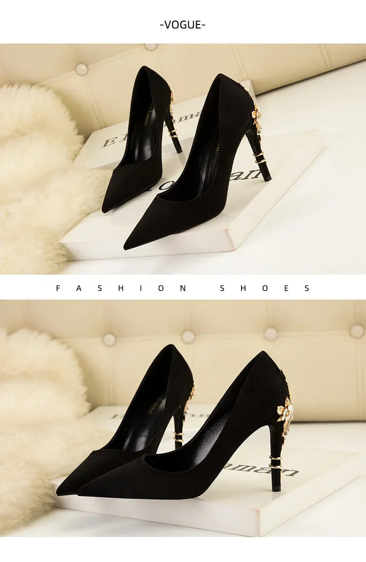 High End Metal Flower High Heels New European American Fashion Luxury Sexy Pointed Women's Shoes Banquet Party Casual Shoes