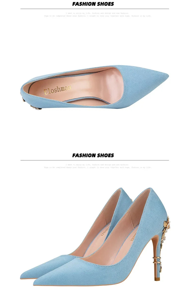 High End Metal Flower High Heels New European American Fashion Luxury Sexy Pointed Women's Shoes Banquet Party Casual Shoes
