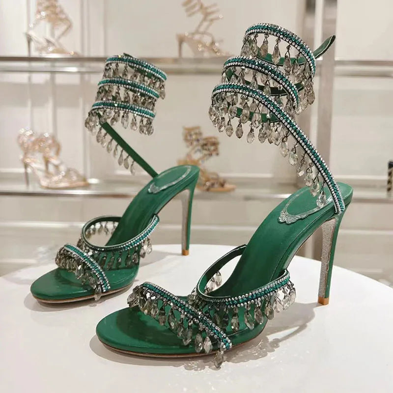Summer High Heels Sandals Women Rhinestone String Bead Ankle Snake Twine Around Wedding Shoes Lady Gladiator Sandals Woman