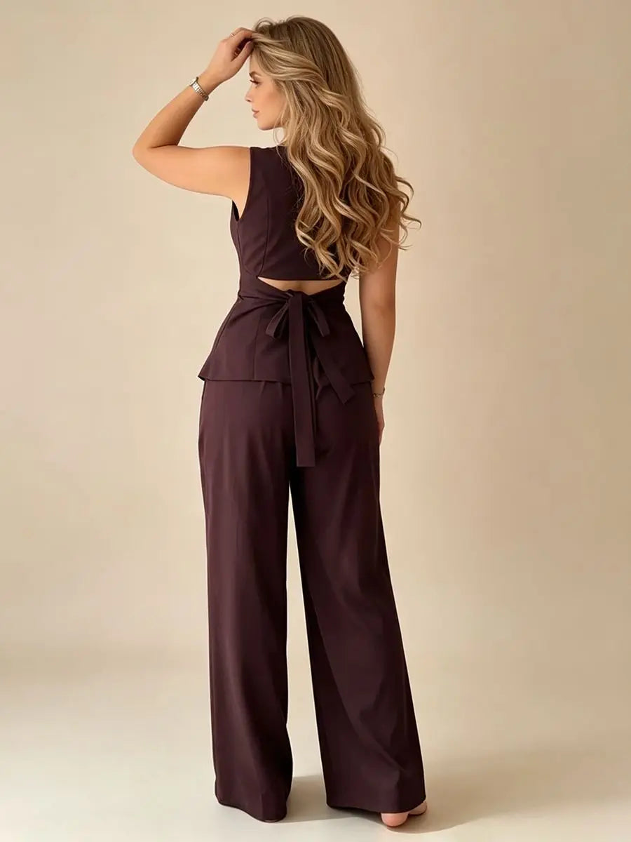 2026 Women Elegant Back Tie Sleeveless Peplum Top + Wide Leg Pants 2 Piece Casual Set