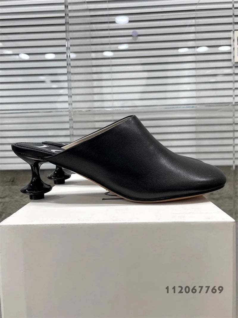 White Sheepskin Square Head Women's Slipper Baotou Textured Elegant Commuter Casual Simple Sense of Classic Wine Glass Heels New