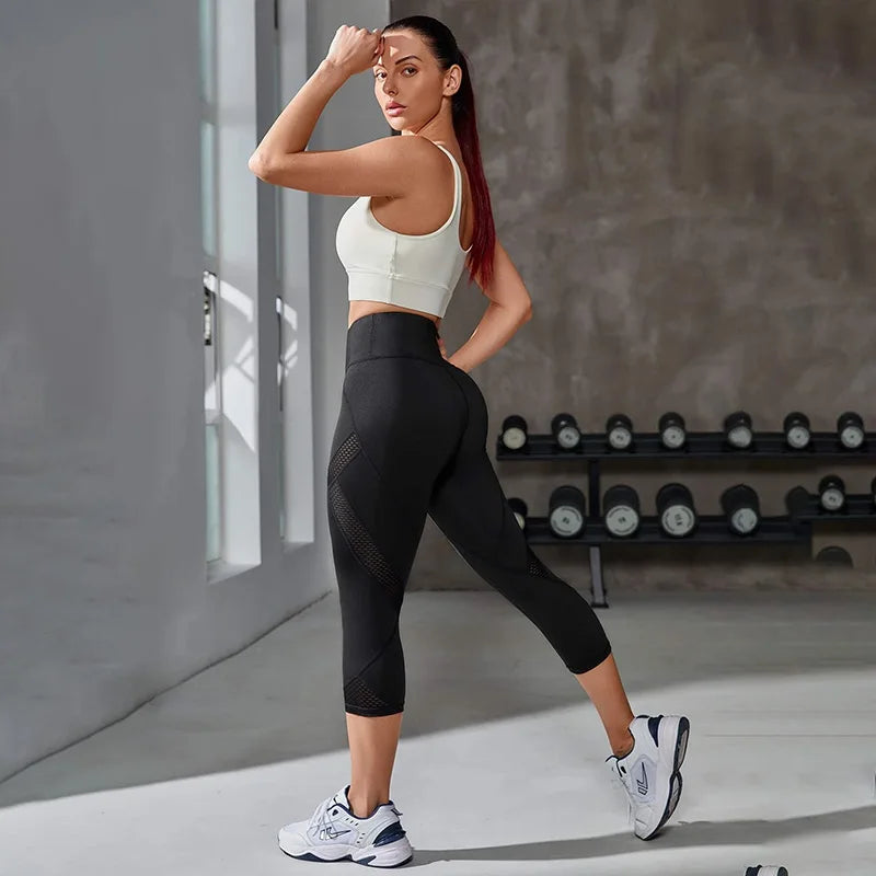 Mesh High Waist Yoga Pants Capri Leggings for Women Tummy Control Workout Capri Leggings for Women