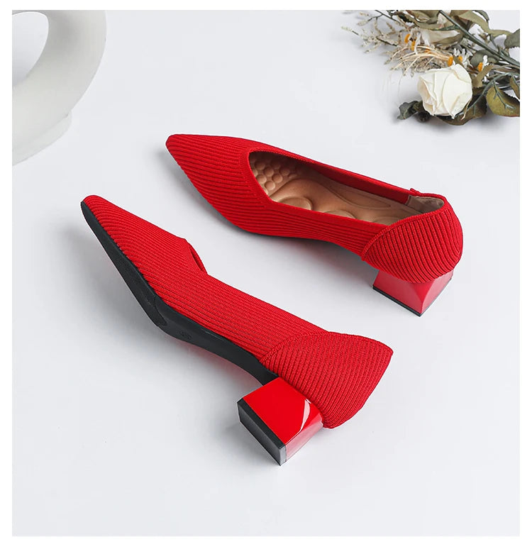 2026 New Women's High Heels Large 42/43 Fashion Pointed Anti slip Rubber Bottom Knitted Breathable Shoes