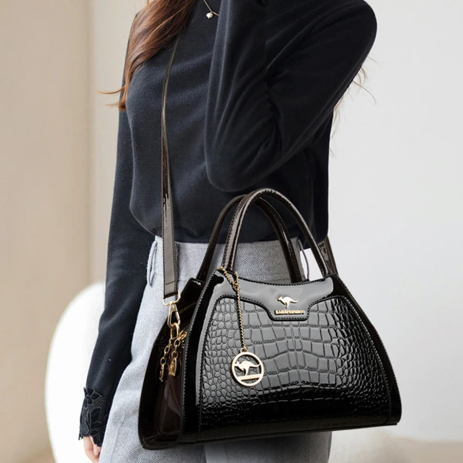 Luxury Patent Leather Handbags for Women Designer Crocodile Pattern Women's Shoulder Crossbody Bag Hobos Ladies Messenger Stone