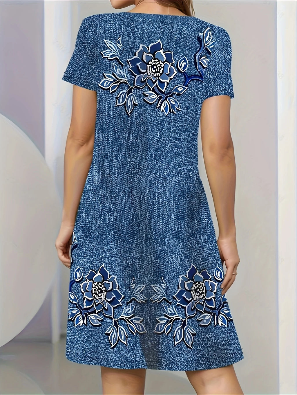 Women's Summer Short Seeved Round Neck Casual Mini Dress Vintage 3D Imitation Denim Printed Dress Elegant Women's Dress Vestidos