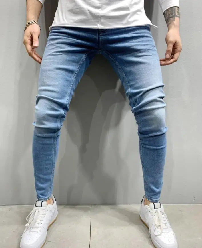 Men Jeans Knee Hole Ripped Stretch Skinny Denim Pants Solid Color Black Blue Autumn Summer Hip-Hop Style Slim Fit Trousers S-4XL