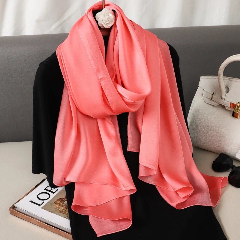 2024 Luxury Brand Silk Scarf for Women Large Shawl Wrap Headband Solid Design Hijab Beach Stoles Female Foulard Echarpe Bandana