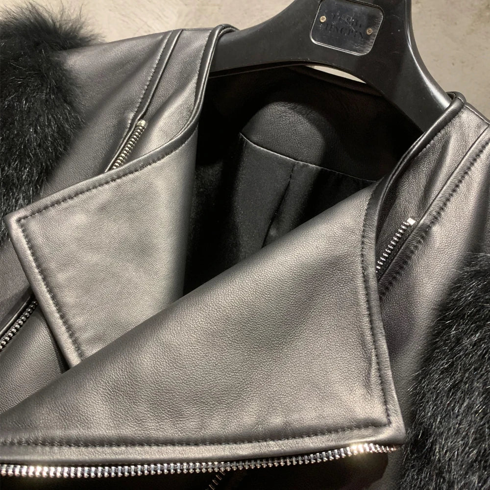 Leather Fur Jacket Natural Fur Sleeve Ladies Short Leather Jacket Real Fox Fur Sleeve Coat Women Autumn 21001-1