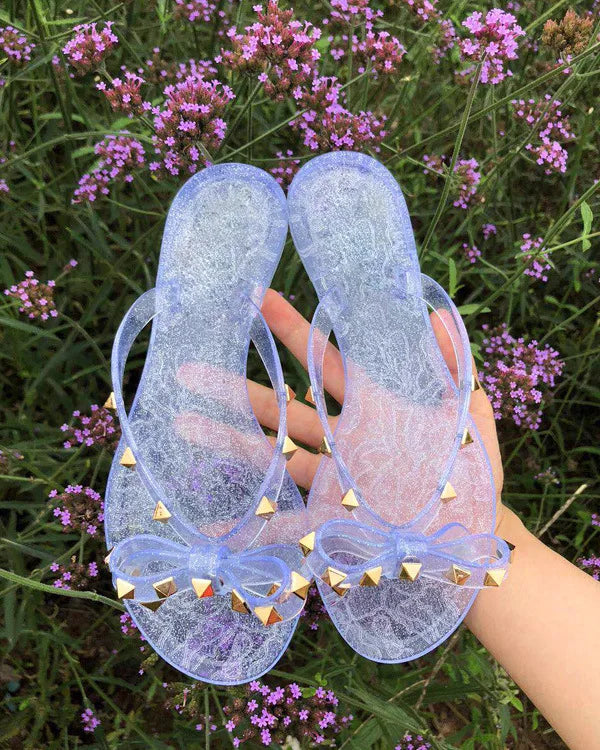 Ladies Leisure Waterproof Shoes Summer Zoris Slippers In Flats Clear Yellow Flip-Flops With Gold Stud Bow-Knot PVC Slides 36-42