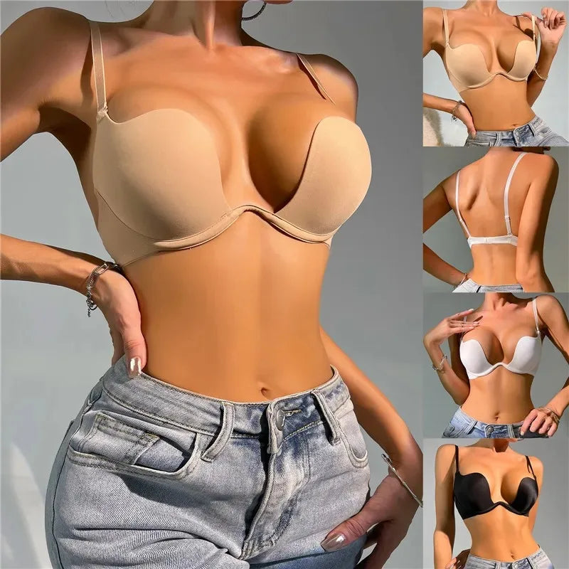Sexy Women Lingerie Backless Bras Underwear Deep V Low Cut Push Up Bra Intimates Female Sport Yoga Bralette Low Back Invisible