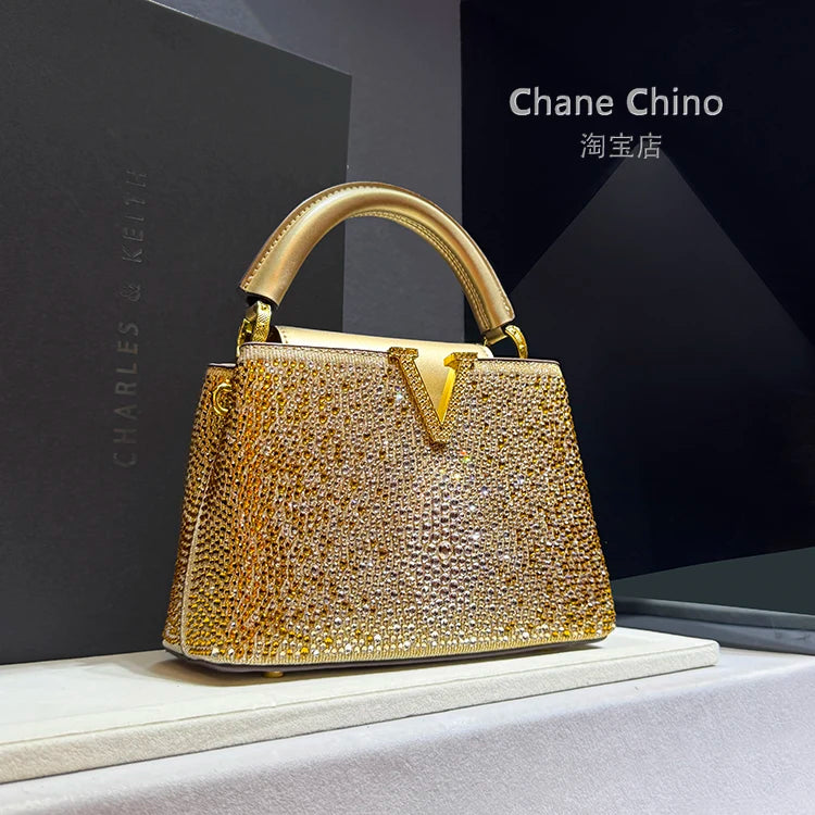 High Luxury Genuine Leather Diamonds Tote Women's Handbags 2025 Small Evening Bag V Letter Rhinestone Shoulder Crossbody Bags