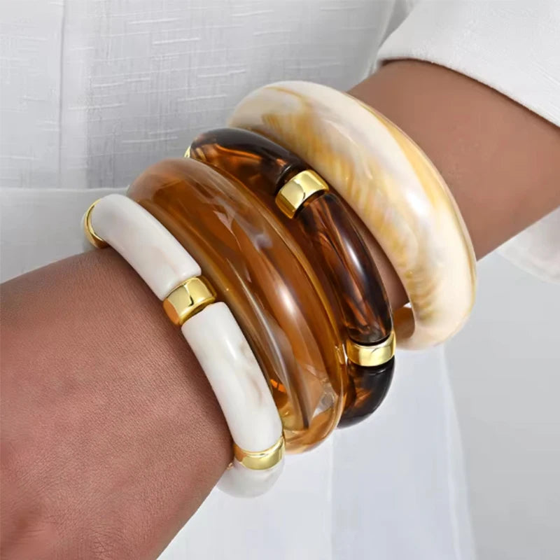 3 Pcs Irregular Wavy Resin Metal Bangle Set For Women Open Cuff Bracelets Bohemian Beach Vacation Stackable Trendy Jewelry Gifts