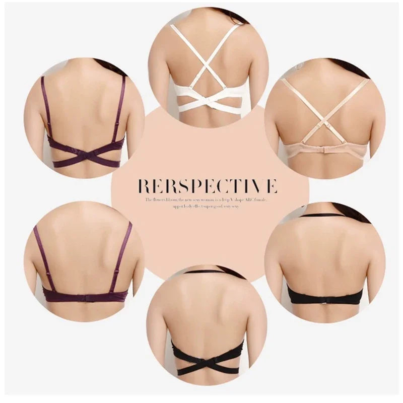 Summer Backless Bras Women Invisible Deep U Lingerie Sexy Crossband Underwear Low Cut Push Up Open back Bra Intimates Female Bra