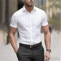Men's Summer Business Shirt Short Sleeve Stretch Fabric Black Without Pocket Slim Fit Male Social Dress Shirt High Quality 5XL