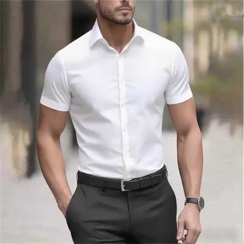 Men's Summer Business Shirt Short Sleeve Stretch Fabric Black Without Pocket Slim Fit Male Social Dress Shirt High Quality 5XL