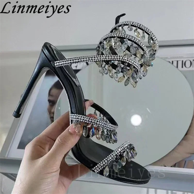 Summer High Heels Sandals Women Rhinestone String Bead Ankle Snake Twine Around Wedding Shoes Lady Gladiator Sandals Woman