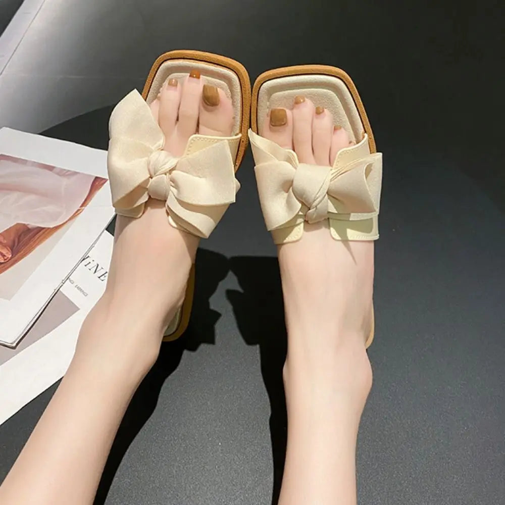 Casual Soft Sole Bowknot Slippers PVC Sweet Flat Slides Sandals Anti Slip Beachwear Slippers Women Summer