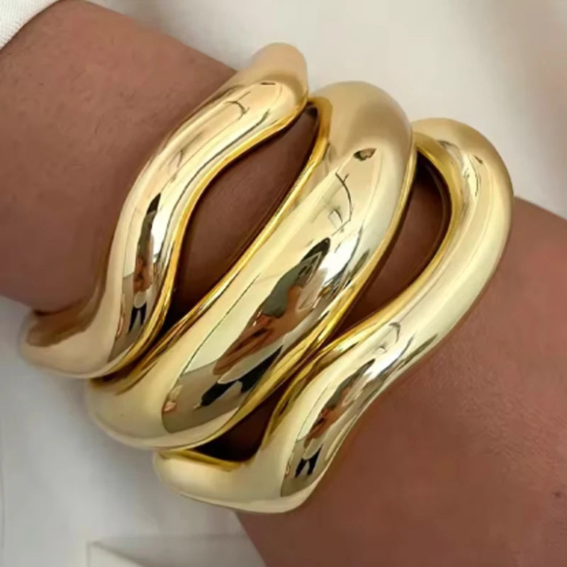 3 Pcs Irregular Wavy Resin Metal Bangle Set For Women Open Cuff Bracelets Bohemian Beach Vacation Stackable Trendy Jewelry Gifts