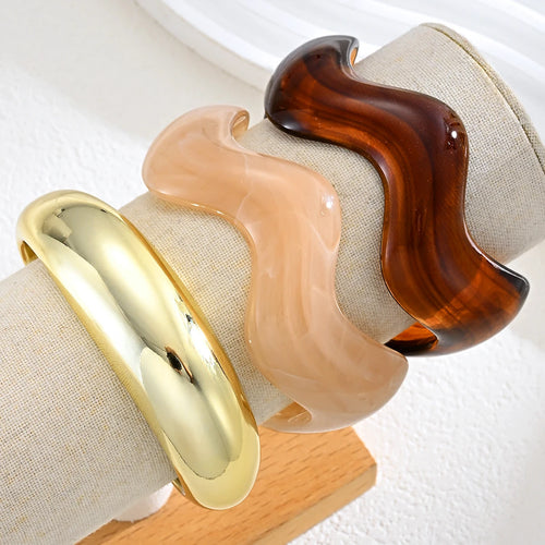 3 Pcs Irregular Wavy Resin Metal Bangle Set For Women Open Cuff Bracelets Bohemian Beach Vacation Stackable Trendy Jewelry Gifts