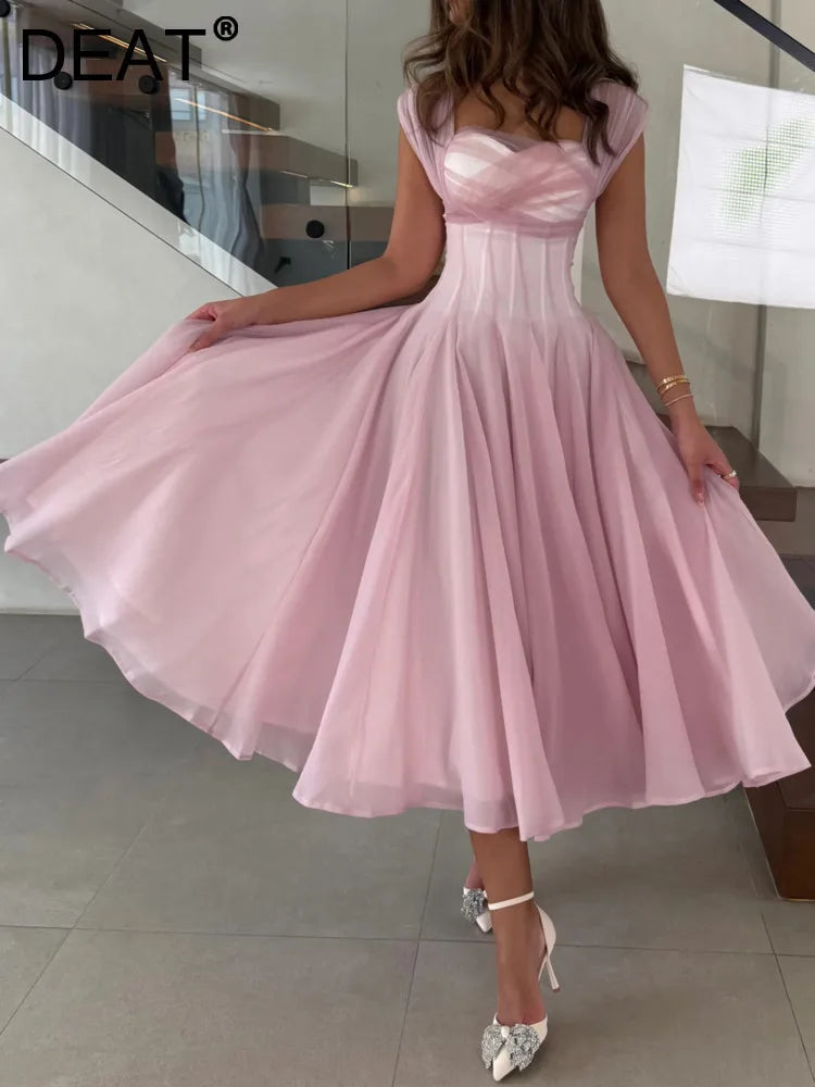 DEAT Elegant Dress Strapless Gauze High Waist Pleated A-line Big Swing Women's Evening Party Dresses 2026 Spring New 35Z2614