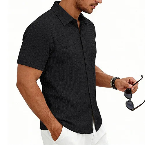 European and American Men's Casual Jacquard Shirt Men's Summer Solid Color Lapel Breathable Men's Short-Sleeved Shirt Top