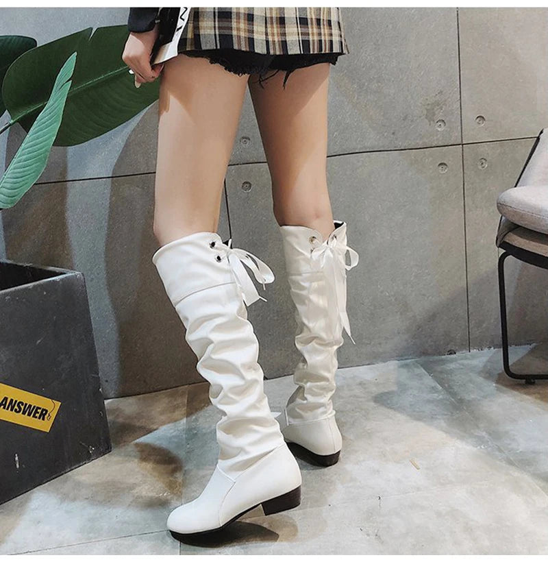 Shoes For Women  Knee High Boots Red Black White Tall Boots Woman Pleated Low Heel Casual Leather Female Long Shoes 2024