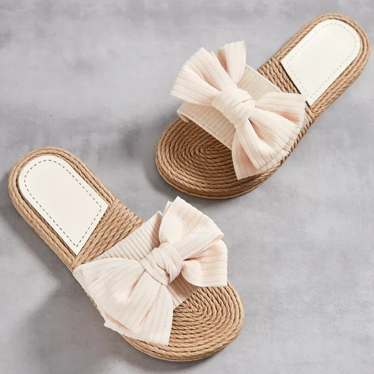 Female Summer Slippers Artificial Straw Sole Shoes Lady Summer Indoor Flat with Flip Flops Stitching Floral Women Slippers