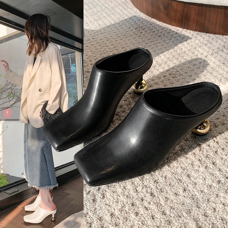 White Sheepskin Square Head Women's Slipper Baotou Textured Elegant Commuter Casual Simple Sense of Classic Wine Glass Heels New