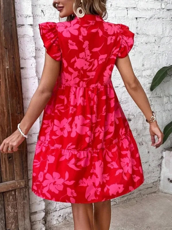 Sweet Flower Print Women's Dress 2025 Summer New Lotus Leaf Sleeves V-Neck Loose Casual Fashion Beach Party Dress Boho Sundress
