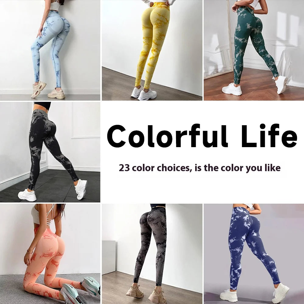 Women's High Waist Seamless Yoga Pants, Tie Dye Print Peach Shaped Butt Lifting Leggings for Running Fitness Workout
