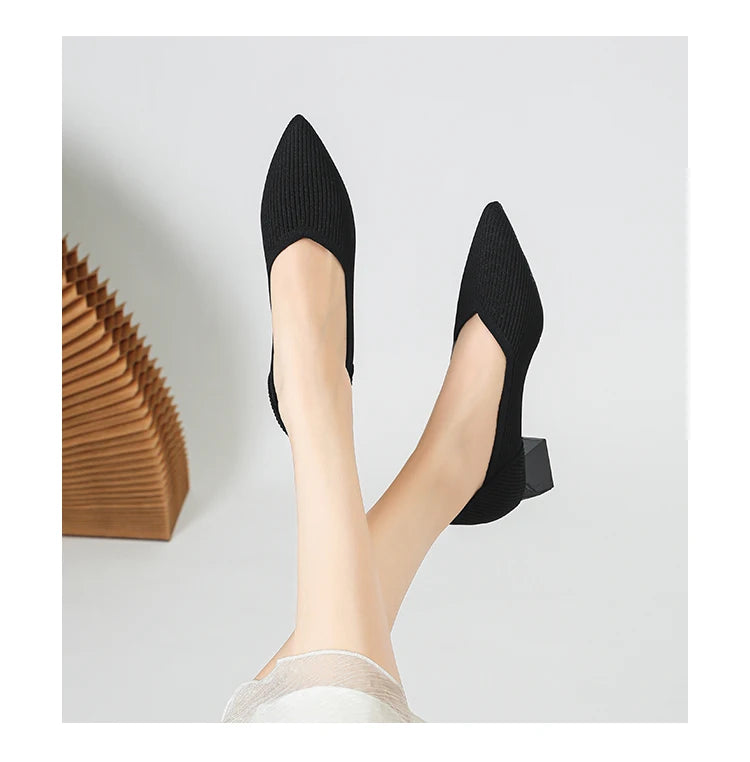 2026 New Women's High Heels Large 42/43 Fashion Pointed Anti slip Rubber Bottom Knitted Breathable Shoes