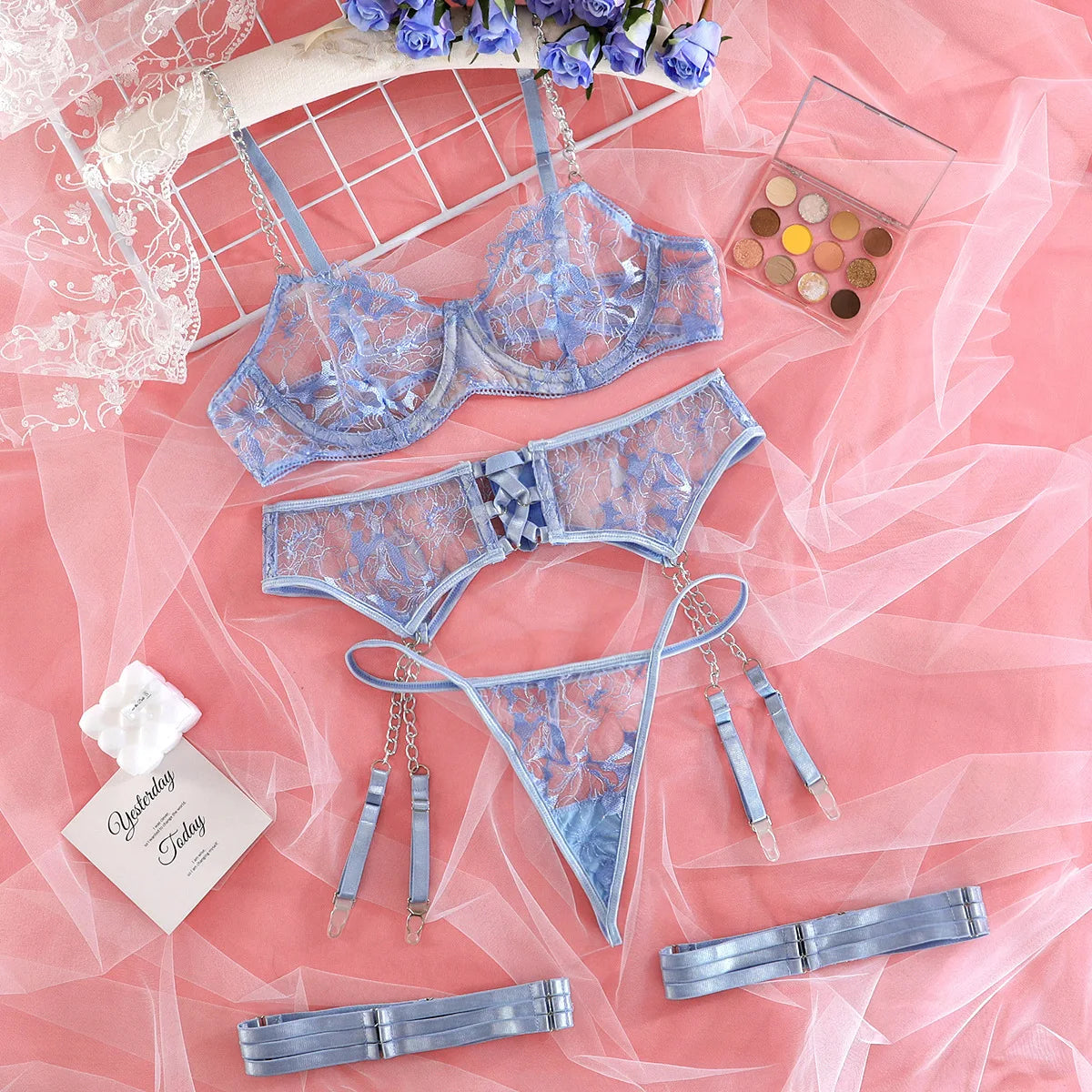 Fancy Floral Embroidery Lingerie Set Sexy Women Transparent Mesh Sheer Erotic Suit Metal Chain Bra Thong Garter Underwear Set