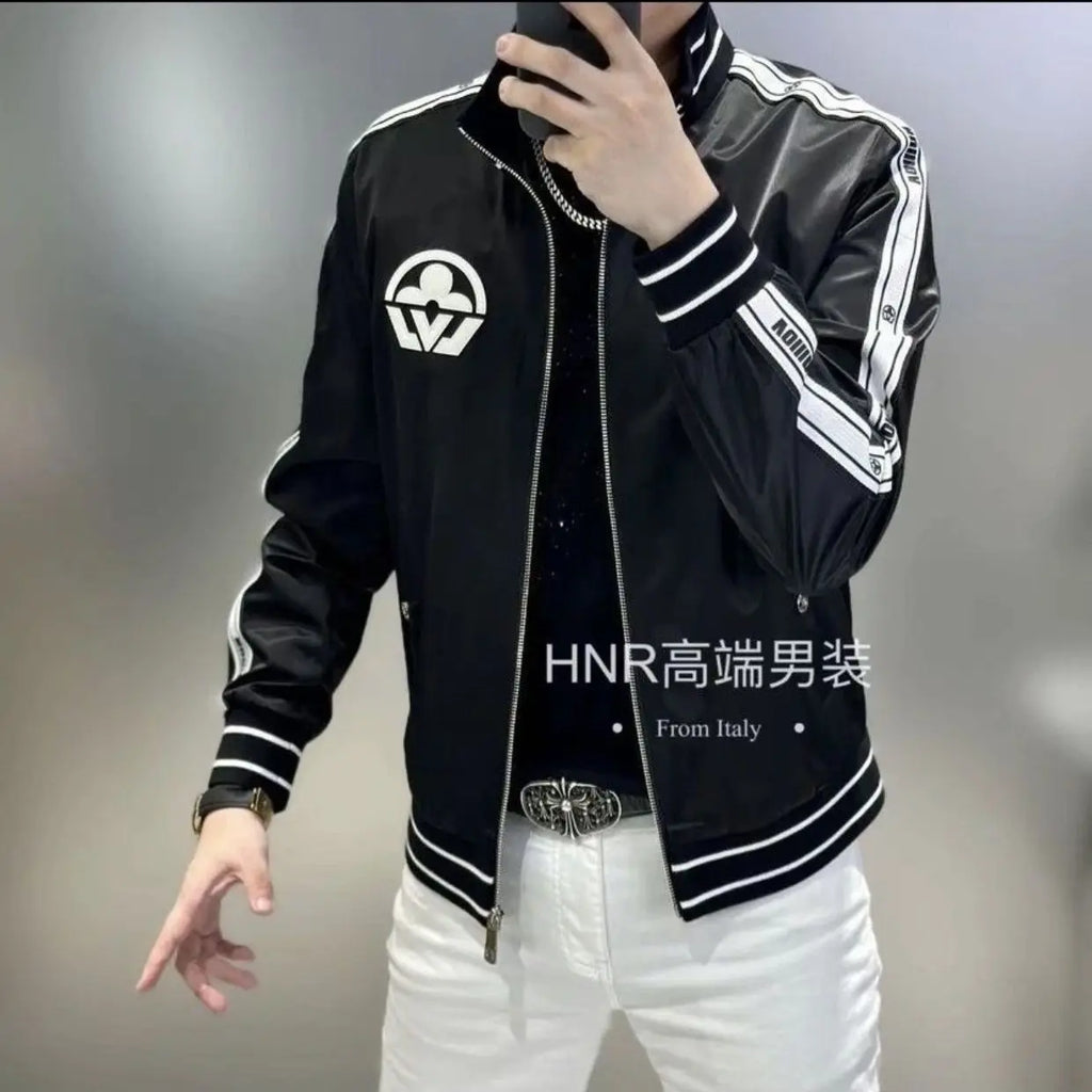 New men's stand-up neck webbing splicing letter printing pattern high quality trend casual versatile jacket