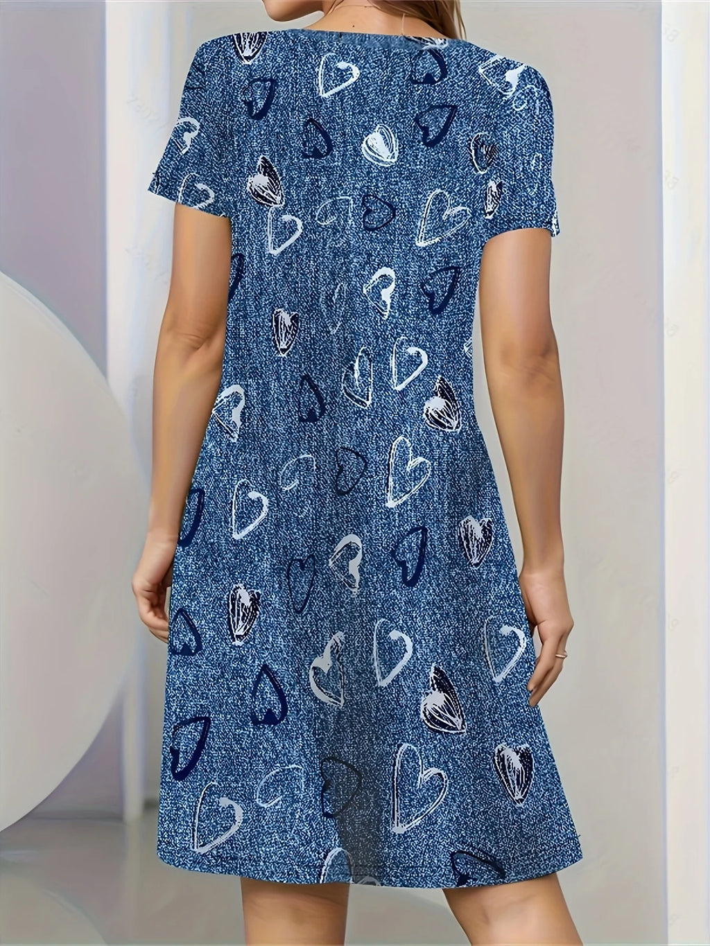 Women's Summer Short Seeved Round Neck Casual Mini Dress Vintage 3D Imitation Denim Printed Dress Elegant Women's Dress Vestidos