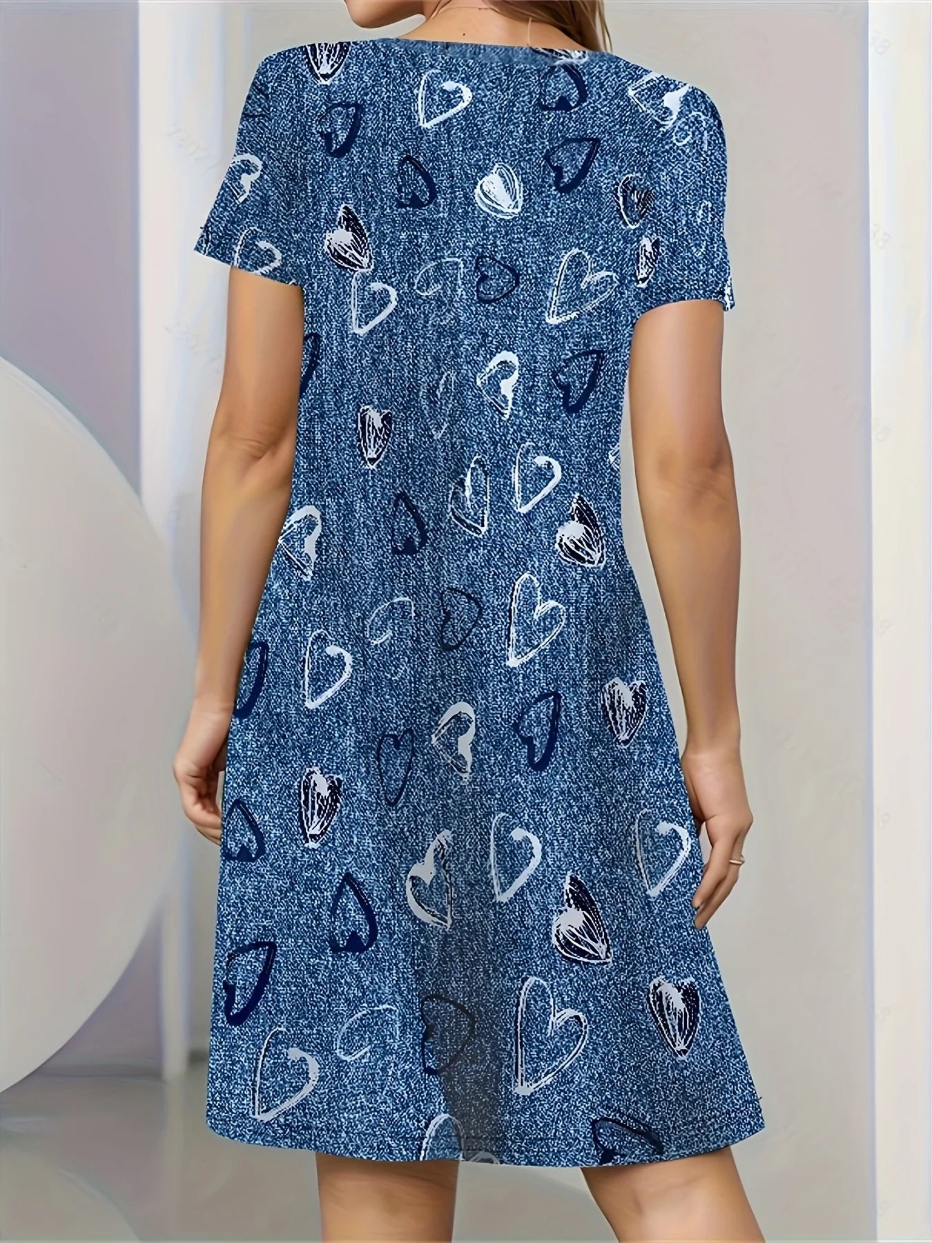 Women's Summer Short Seeved Round Neck Casual Mini Dress Vintage 3D Imitation Denim Printed Dress Elegant Women's Dress Vestidos