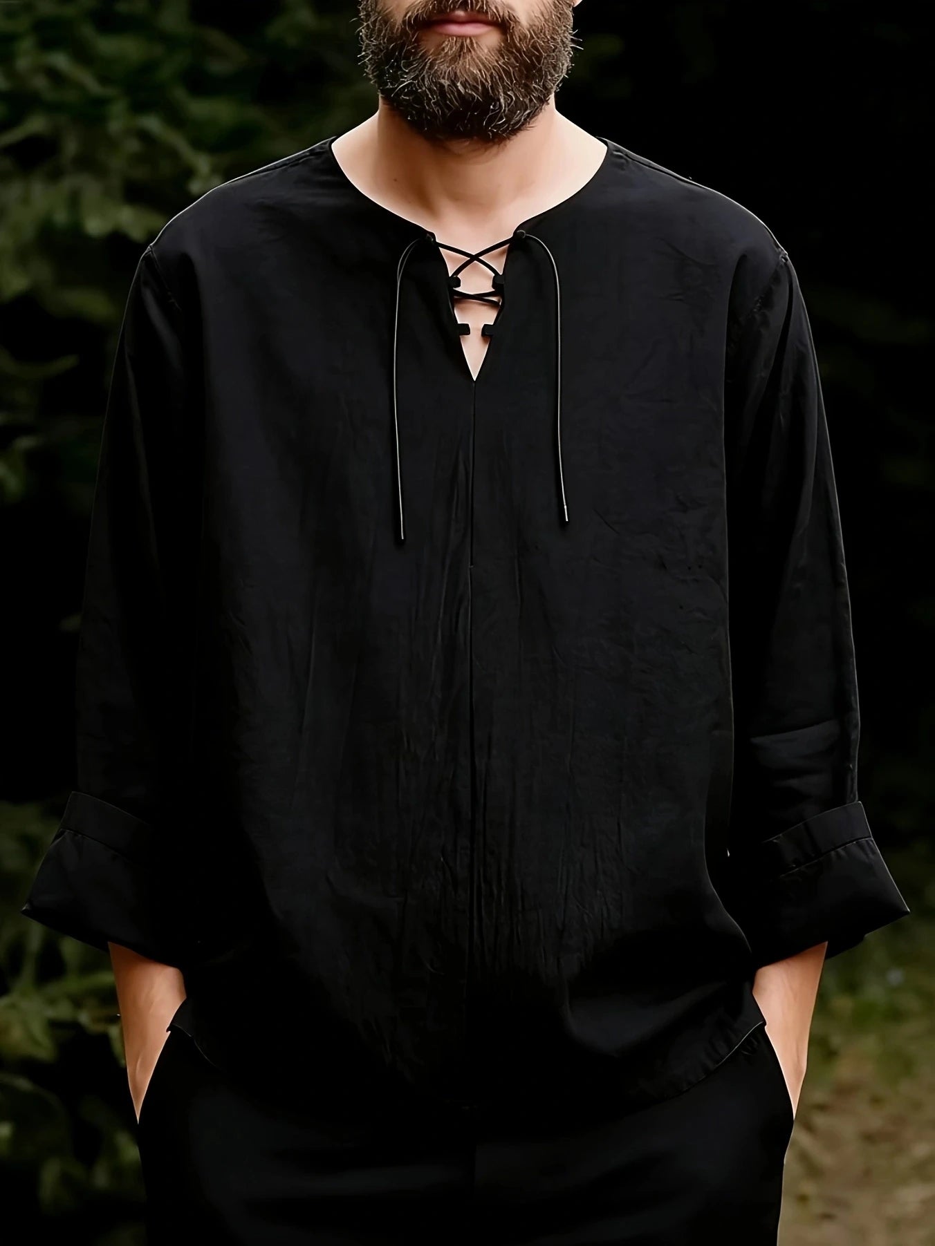 Men's Medieval Pirate Shirt - Historical Renaissance Faire Costume with V-Neck, Lace-Up Collar & Adjustable Drawstring Waist - L