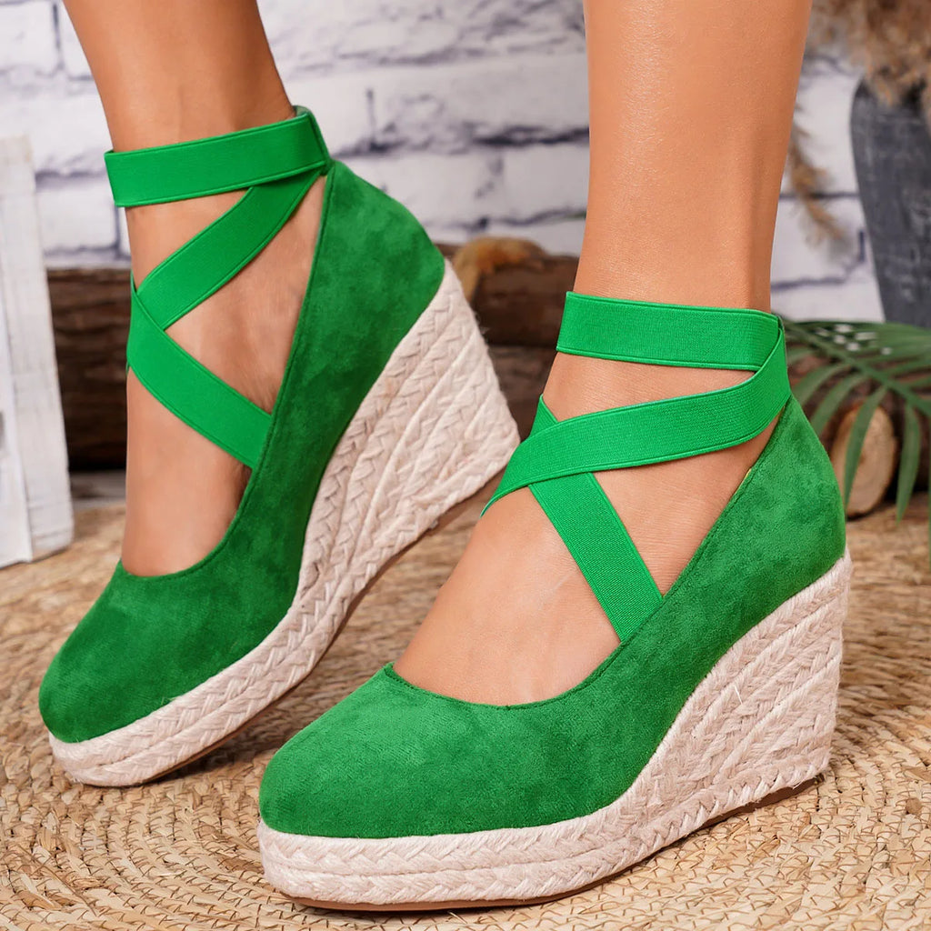 Women's Suede Espadrille Wedge Sandals Closed Toe Elastic Ankle Strap Platform Heels Casual Summer Wedge Shoes Beach Sandals