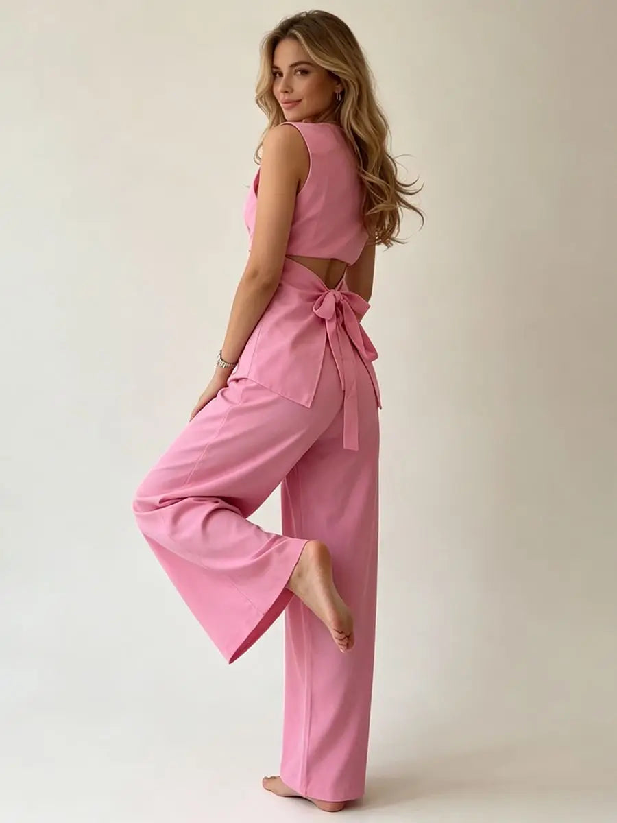 2026 Women Elegant Back Tie Sleeveless Peplum Top + Wide Leg Pants 2 Piece Casual Set